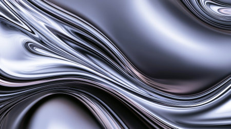 Abstract silver metallic liquid flow with smooth curves and glossy reflections. Concept of futuristic texture, fluid motion, elegant design, luxury background, modern bg.の写真素材