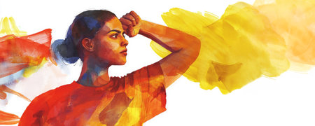 Watercolor woman flexing arm in iconic strength gesture on white background with paint strokes. Concept of female empowerment, women's rights, gender equality, feminist movement. Banner, copy space.の写真素材