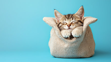 Cute kitten relaxing in cozy carrier bag on light blue background. concept of pet comfort, relaxation, feline adorableness, copy space.の写真素材