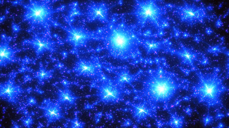 Glowing blue star field with radiant lights and sparkling energy particles on dark background....