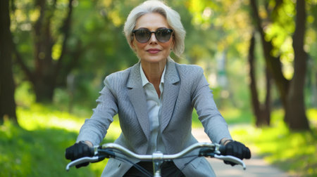 Elegant senior businesswoman cycling with joy in park. concept of active lifestyle, confidence, aging gracefully, mature woman.の写真素材