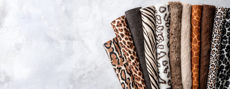 Eco-friendly animal print fabric swatches in flat lay. concept of sustainable fashion choices, textile design, nature-inspired patterns. wide horizontal banner.の写真素材