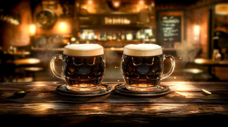 Two mugs of dark beer with foam on wooden table in cozy pub interior with warm lighting. Concept of...