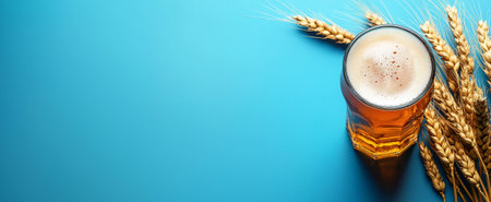 Refreshing glass of cold beer and wheat on blue background. concept of summer refreshment, brewing traditions, grain harvest celebration. wide horizontal banner, copy space.の写真素材