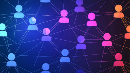 Abstract global social network connections with colorful interlinked profiles on dark background....