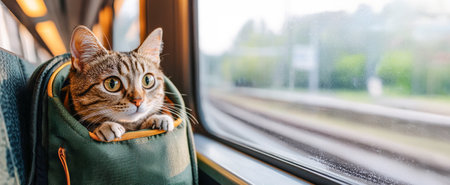 Curious tabby cat looking out train window from travel backpack on seat. Concept of pet...
