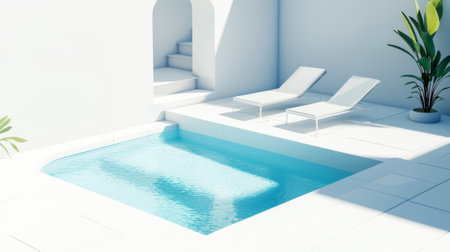 Minimalist Summer Resort with Luxury Pool and Sun Loungers in Modern Hotel Setting. Concept of Relaxation, Tranquility, and Elegant Escapes.の写真素材