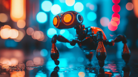 Futuristic Robot Dog with Glowing Eyes on Blurred Vibrant City Background. Concept of Technology,...