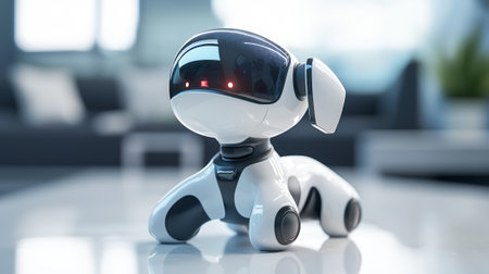 Futuristic Robot Dog with Sleek Design on Blurred Background Showcasing Minimalist Aesthetics. Concept of Innovation, Technology Advancement, Modern Gadgets.の写真素材