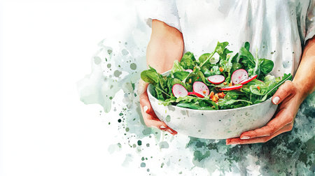 Watercolor illustration of woman holding fresh salad bowl with radishes and greens. Concept of healthy eating, vegetarian lifestyle, artistic food presentation, copy space.の写真素材