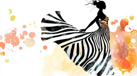 Watercolor illustration of a woman in a flowing zebra-striped dress, showcasing elegance and grace. Concept of fashion, art, creativity, feminine style.の写真素材
