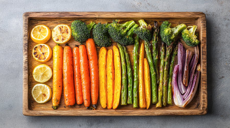 Roasted Seasonal Vegetables Including Carrots, Broccoli, Asparagus, and Lemon Slices on Wooden Tray.の写真素材