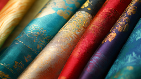 Vibrant silk fabrics in various colors showcasing intricate patterns and textures for textile design...