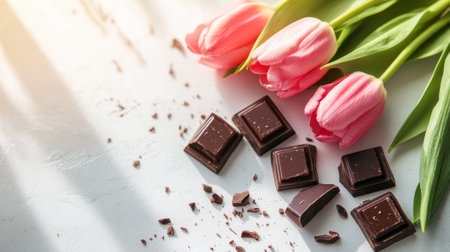 Chocolate pieces and pink tulips arranged beautifully on a white surface, creating a delightful spring mood and a romantic gift idea concept, Copy space.の写真素材