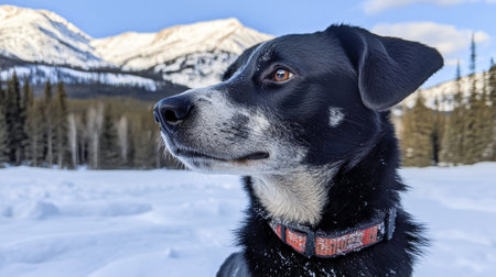 Black and white dog standing in snow with mountains in background showcasing winter scenery and...