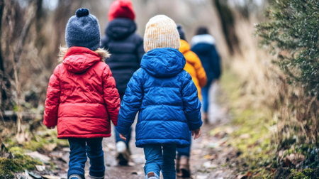Children walking together in colorful jackets along a nature path in forest during winter season outdoor adventure healthy lifestyle concept.の写真素材