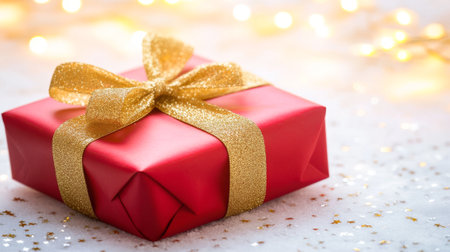 Red gift box with golden ribbon on sparkling background, perfect for celebrations and special occasions, gift giving concept.の写真素材