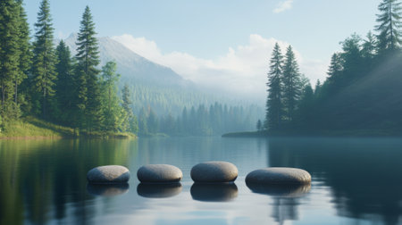 Tranquil lake surrounded by lush trees and mountains reflecting on calm water serene nature landscape healthy living concept.の写真素材