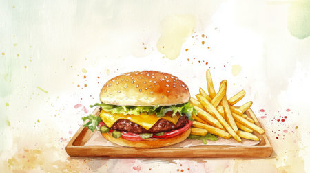 Juicy hamburger with cheese, lettuce, tomato, and crispy fries on a wooden tray, delicious fast food meal, tasty eating concept. Watercolor illustration.の写真素材