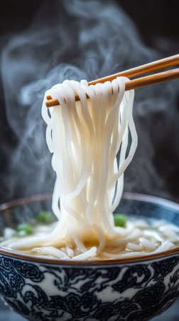 Steaming bowl of noodles being lifted with chopsticks showcasing delicious texture and warmth,...