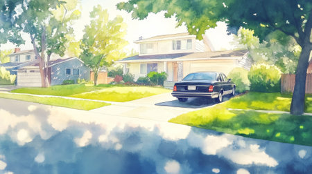 Charming suburban house with lush green lawn and parked car in a peaceful neighborhood setting, residential living concept, Watercolor illustration.の写真素材