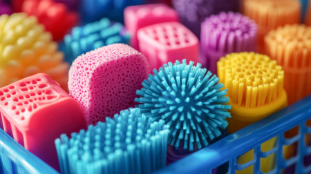 Cleaning tools in bright colors - A selection of colorful cleaning brushes and sponges arranged...