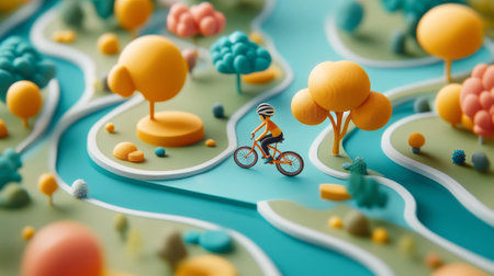 Colorful landscape with a cyclist riding through a winding path surrounded by trees and playful shapes, outdoor adventure concept, illustration.の写真素材