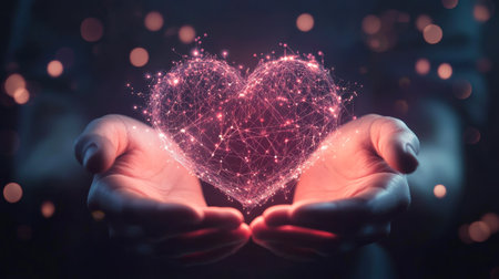 Hands holding glowing heart symbolizing love connection and compassion in a digital art style...