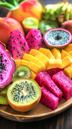 Vibrant assortment of tropical fruits including dragon fruit, mango, kiwi, and passion fruit on a wooden platter healthy eating concept, Vertical.の写真素材