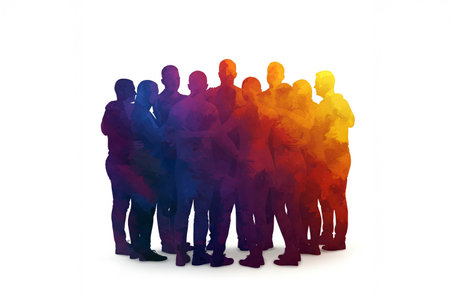 Diverse group of silhouette people embracing in colorful silhouettes. concept of unity, friendship,...