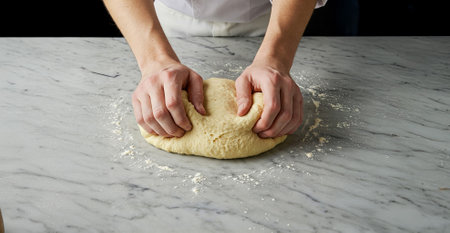 Hands kneading dough on floured marble kitchen surface. Concept of baking preparation, homemade...