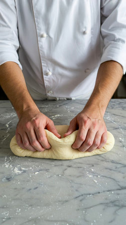 Caucasian chef kneading dough in kitchen. concept of baking art, culinary passion, homemade bread...
