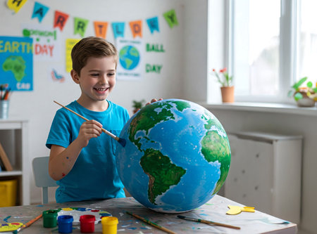 Caucasian child boy painting an earth planet model at home for earth day celebration. concept of environmental awareness, kid creativity, artistic education, sustainability, crafting.のeditorial素材