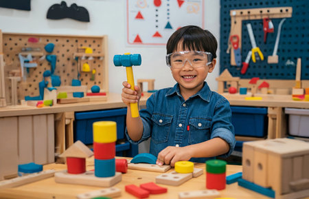 Smiling Asian boy in safety goggles holding toy hammer and playing with colorful wooden blocks at...