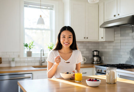 Smiling Asian woman having healthy breakfast with oatmeal and berries at sunny modern kitchen table. Concept of morning routine, clean eating, wellness lifestyle, balanced nutrition.のeditorial素材