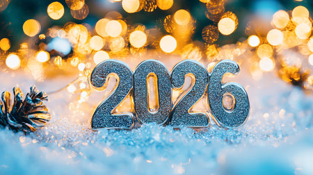 Sparkling silver 2026 numbers on snowy surface with warm bokeh lights. concept of new year celebration, festive decor, winter magic, christmas.の写真素材