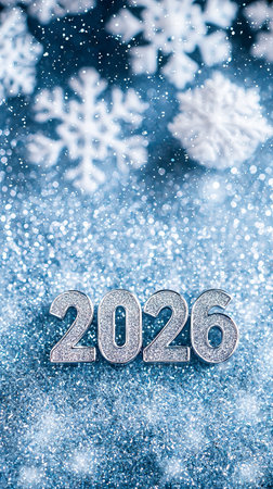 Glittering 2026 numerals on sparkling ice background with white snowflakes. concept of New Year celebration, winter festivity, holiday sparkle, christmas, Copy space.の写真素材