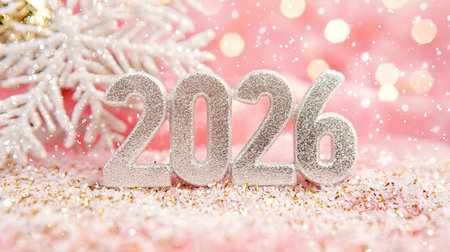 Glittering silver 2026 amid snowy branches and sparkling pink background. concept of new year celebration, festive decor, winter wonderland, christmas.の写真素材
