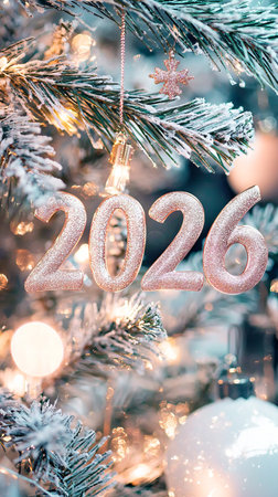 Elegant glittery 2026 ornament on snowy christmas tree. concept of holiday celebration, festive decor, seasonal joy, new year. Vertical.の写真素材