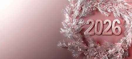 Sparkling silver wreath with 2026 numbers on pink background. concept of new year celebration,...