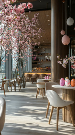 Elegant modern restaurant with cherry blossom decor and easter eggs. concept of spring ambiance, cafe interior, festive dining, nature-inspired interiors. Vertical.の写真素材