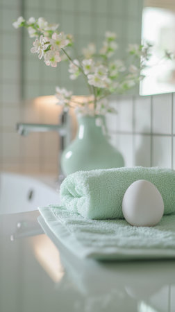 Fresh mint bathroom decor with soft towels, spring flowers in ceramic vase and white Easter egg. Concept of seasonal home styling, Easter celebration, spa interior, pastel holiday decor. Vertical.の写真素材