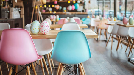 Colorful easter eggs on cafe tables in modern art style. concept of festive decorating, contemporary...
