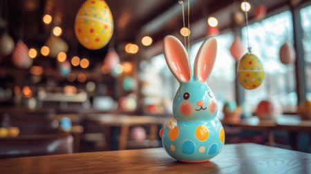 Cute ceramic bunny with colorful easter eggs in cozy cafe. concept of festive decor, playful atmosphere, holiday celebration, Copy space.の写真素材
