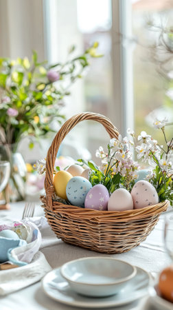 Colorful easter eggs in woven basket adorned with spring flowers by sunny window. concept of easter...