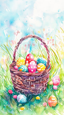 Colorful easter eggs in basket on grassy field. concept of spring celebrations, festive decor, and watercolor art. Vertical.の写真素材