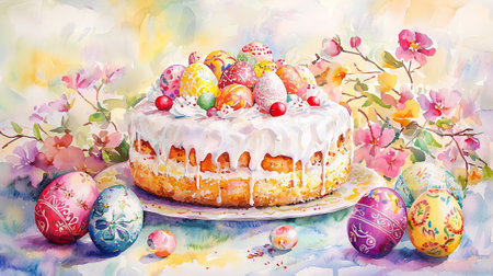 Watercolor easter cake with colorful eggs and floral decorations. concept of spring celebration,...