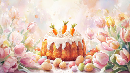Spring watercolor illustration with carrot cake and tulips. concept of festive baking, easter...
