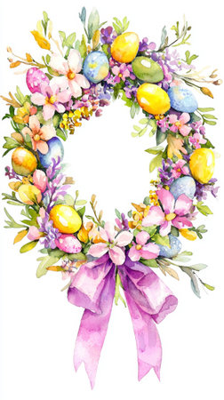 Watercolor easter egg wreath with flowers and pink bow. concept of spring celebration, festive decor, artistic floral arrangement. Vertical.の写真素材