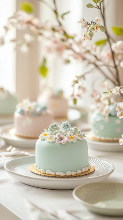 Elegant pastel Easter cake with floral decorations on sunny table. concept of spring celebration,...